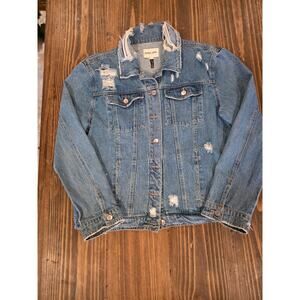 Black Label Distressed Denim Jacket Womens Large Cropped Trucker Blue Jean